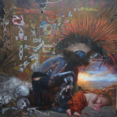 Pintura titulada "Eecatl en el Mictlán" por Rene Martinez Valadez, Obra de arte original, Oleo