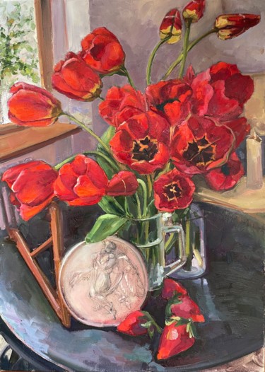 Картина под названием "“Red tulips on a bl…" - Maria Matvienko, Подлинное произведение искусства, Масло
