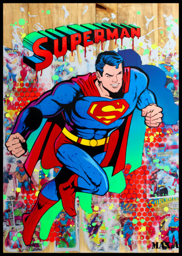 Malerei mit dem Titel "superman 3" von Max Andriot, Original-Kunstwerk, Sprühfarbe Auf Holzplatte montiert