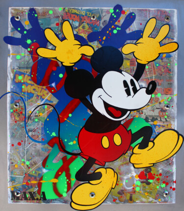 Painting titled "métal mickey 2" by Max Andriot, Original Artwork, Spray paint Mounted on Wood Panel