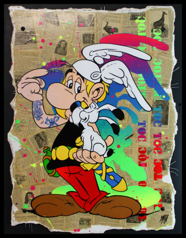 Painting titled "astérix on wall" by Max Andriot, Original Artwork, Spray paint Mounted on Wood Panel
