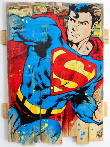 Malerei mit dem Titel "superman #1 2023" von Max Andriot, Original-Kunstwerk, Sprühfarbe Auf Keilrahmen aus Holz montiert