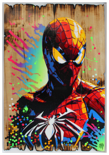 Painting titled "spiderman wood style" by Max Andriot, Original Artwork, Acrylic Mounted on Wood Stretcher frame