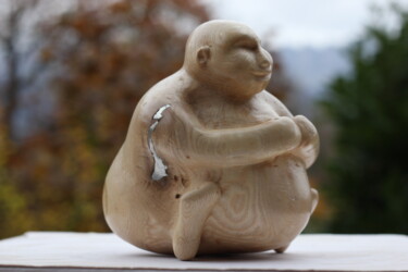 Sculpture titled "Bouddha de poche" by Max Bernard, Original Artwork, Wood
