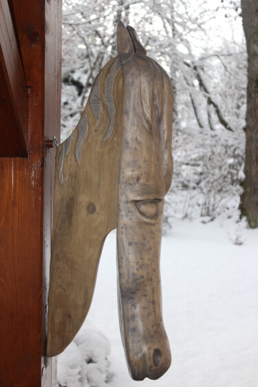Sculpture titled "Cheval bleu." by Max Bernard, Original Artwork, Wood