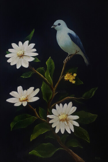 Painting titled "A bird on a branch" by Max Olkhovsky, Original Artwork, Oil Mounted on Wood Stretcher frame