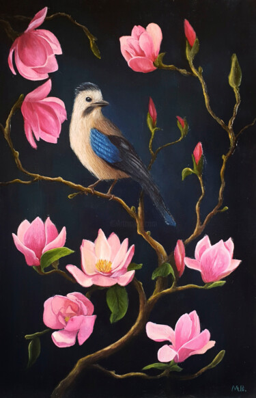 Schilderij getiteld "A bird on a magnoli…" door Max Olkhovsky, Origineel Kunstwerk, Olie Gemonteerd op Karton
