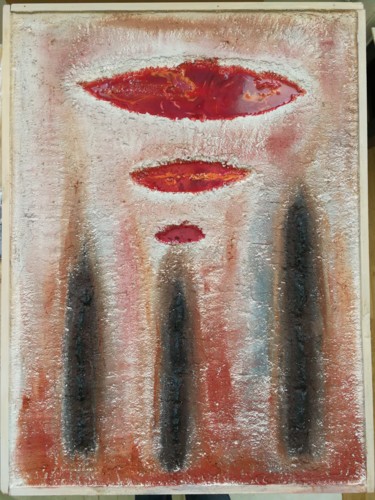 Painting titled "Three red eyes" by Maxime Haja, Original Artwork, Sand