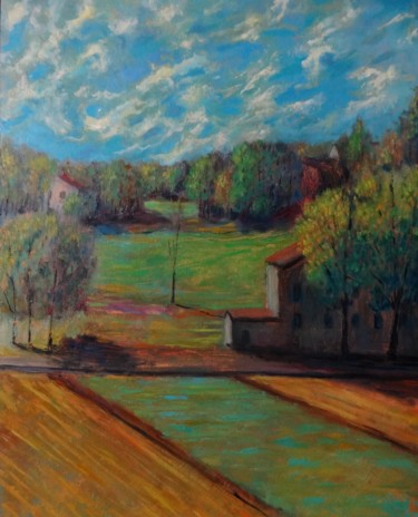 Painting titled "Country landscape" by Massimiliano Ligabue, Original Artwork, Oil