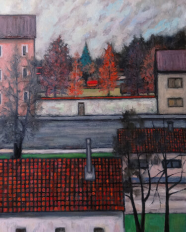 Malarstwo zatytułowany „Autumn urban landsc…” autorstwa Massimiliano Ligabue, Oryginalna praca, Olej
