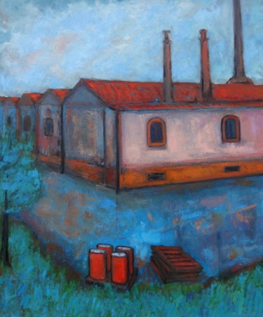 Malerei mit dem Titel "Old industrial area…" von Massimiliano Ligabue, Original-Kunstwerk, Öl