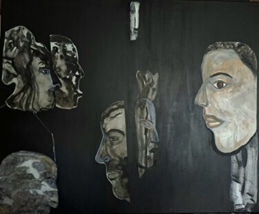 Painting titled "Hommes fragmentés" by Maya Del Villar, Original Artwork, Ink Mounted on Wood Stretcher frame
