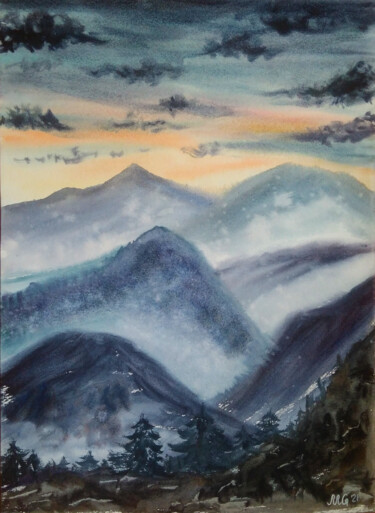 Painting titled "Distant Mountains i…" by Maya Galleas, Original Artwork, Watercolor