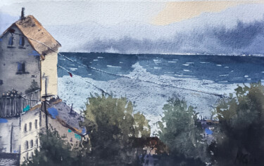 Painting titled "Cold Sea Coast" by Maya Galleas, Original Artwork, Watercolor