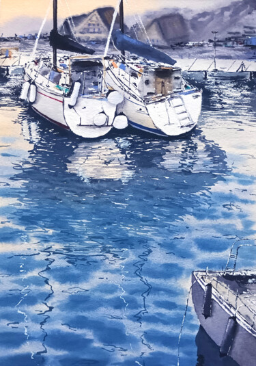 Painting titled "Seaport in Oslo" by Maya Galleas, Original Artwork, Watercolor