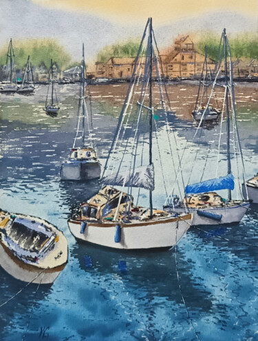 Schilderij getiteld "Sailboats in the Fl…" door Maya Galleas, Origineel Kunstwerk, Aquarel