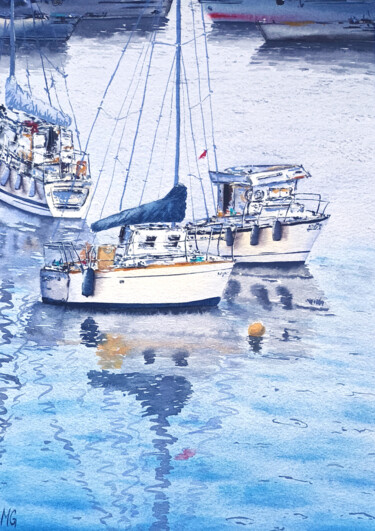 Malarstwo zatytułowany „Three Sailboats” autorstwa Maya Galleas, Oryginalna praca, Akwarela