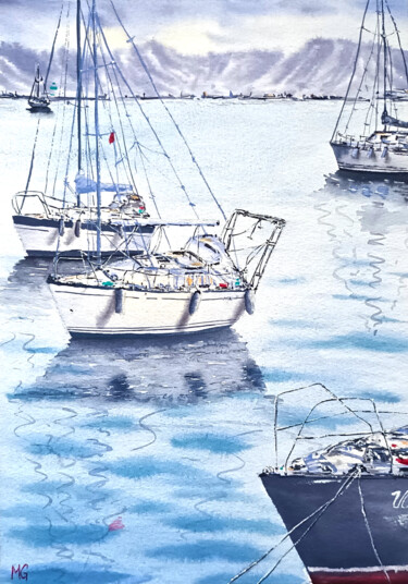 Картина под названием "Sailing into Sereni…" - Maya Galleas, Подлинное произведение искусства, Акварель