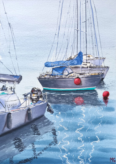 Schilderij getiteld "Harbor Tranquility" door Maya Galleas, Origineel Kunstwerk, Aquarel