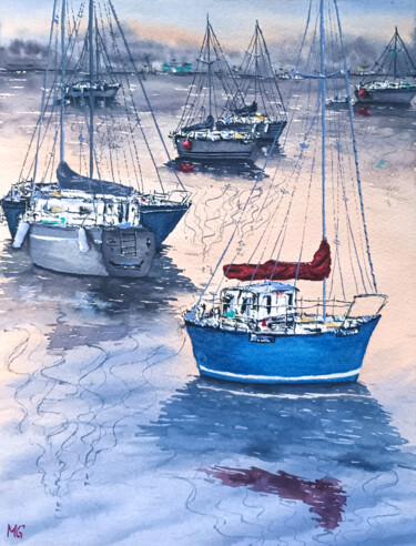 Pintura titulada "Night Kiel" por Maya Galleas, Obra de arte original, Acuarela