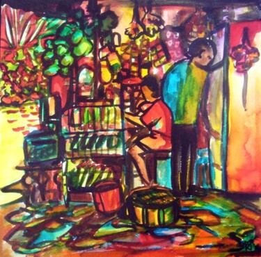 Painting titled "L'épicerie" by Maya Ratovondrahona, Original Artwork, Watercolor