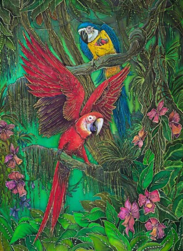 Arte têxtil intitulada "Попугаи и Орхидеи" por Maya Veshnik, Obras de arte originais, Tecido