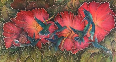 Текстильное искусство под названием "Гибискус и колибри" - Maya Veshnik, Подлинное произведение искусства, Ткань