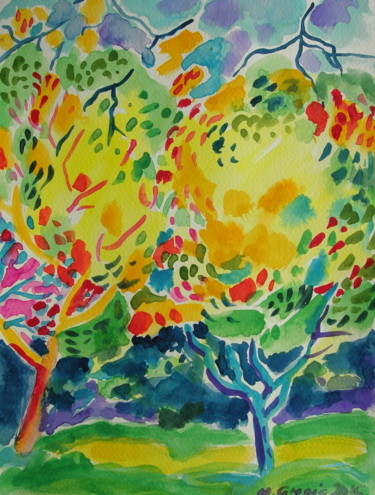Peinture intitulée "Yellow treetops" par Maja Grecic, Œuvre d'art originale, Aquarelle