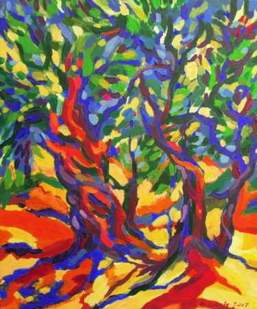 Painting titled "Summer olive garden" by Maja Grecic, Original Artwork, Acrylic