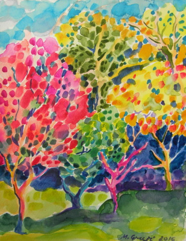Painting titled "By the scarlet tree" by Maja Grecic, Original Artwork, Watercolor