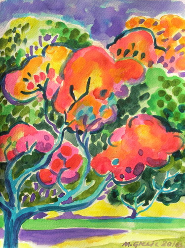 Painting titled "Red treetops" by Maja Grecic, Original Artwork, Watercolor