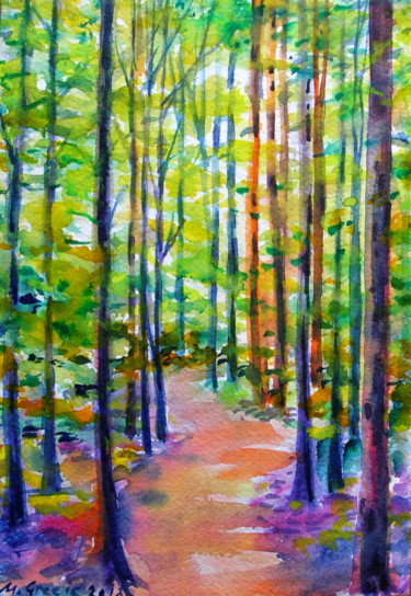 Malerei mit dem Titel "Forest path, 2018." von Maja Grecic, Original-Kunstwerk, Aquarell