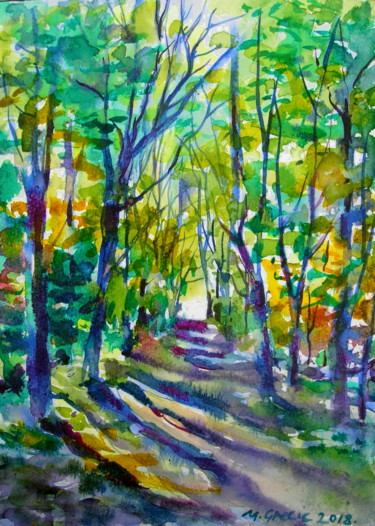 Painting titled "Forest path II, 2018" by Maja Grecic, Original Artwork, Watercolor