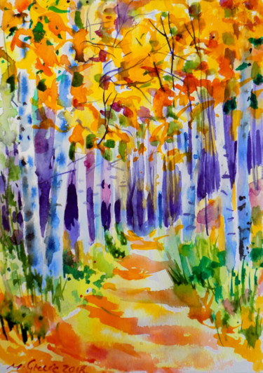 Картина под названием "Autumn path II" - Maja Grecic, Подлинное произведение искусства, Акварель