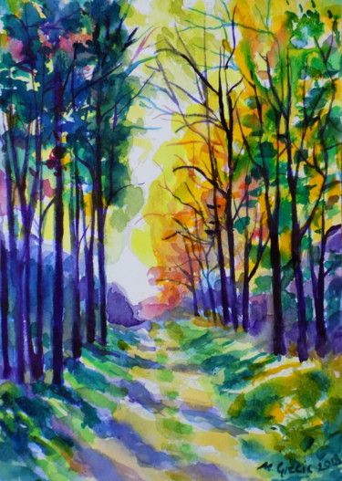 Malerei mit dem Titel "Autumn path III" von Maja Grecic, Original-Kunstwerk, Aquarell