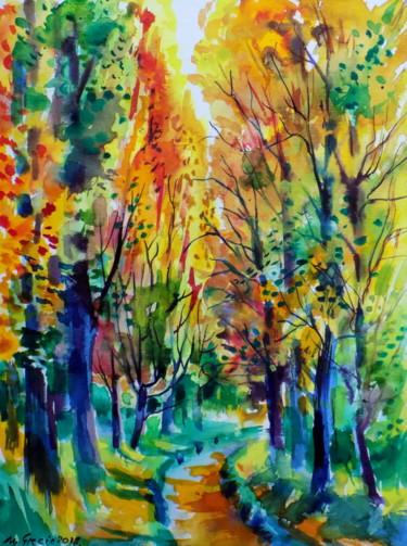 Painting titled "Golden forest" by Maja Grecic, Original Artwork, Watercolor