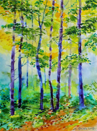 Malarstwo zatytułowany „Trees in the mist” autorstwa Maja Grecic, Oryginalna praca, Akwarela