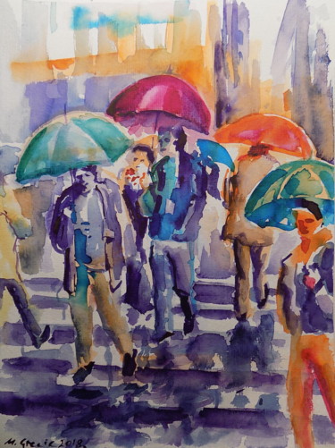 Painting titled "Busy rainy day" by Maja Grecic, Original Artwork, Watercolor