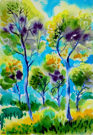 Peinture intitulée "Fluffy treetops on…" par Maja Grecic, Œuvre d'art originale, Aquarelle