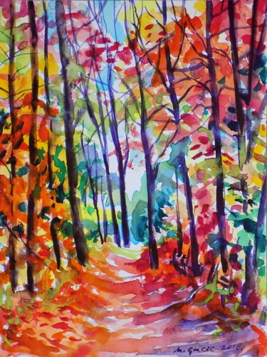 Malerei mit dem Titel "Forest path VI" von Maja Grecic, Original-Kunstwerk, Aquarell