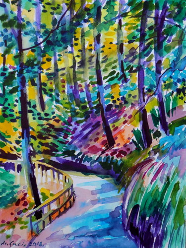 Painting titled "Shady forest path" by Maja Grecic, Original Artwork, Watercolor