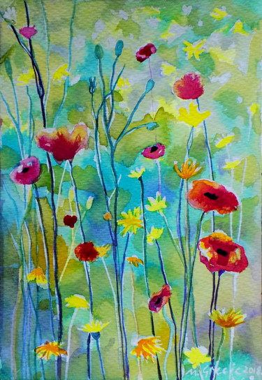 Schilderij getiteld "Poppy meadow on a s…" door Maja Grecic, Origineel Kunstwerk, Aquarel