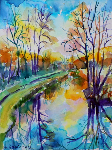 Painting titled "Winter water scene" by Maja Grecic, Original Artwork, Watercolor