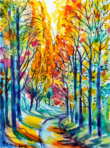 Painting titled "Golden forest II" by Maja Grecic, Original Artwork, Watercolor