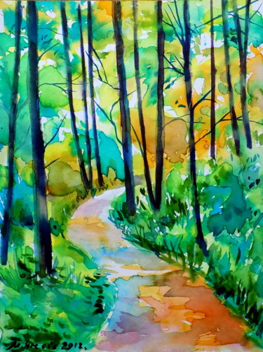 Malerei mit dem Titel "Forest path VII" von Maja Grecic, Original-Kunstwerk, Aquarell