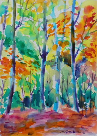 Malerei mit dem Titel "Colorful forest" von Maja Grecic, Original-Kunstwerk, Aquarell