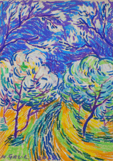 Dessin intitulée "Orchard path" par Maja Grecic, Œuvre d'art originale, Pastel