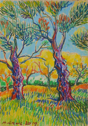 Drawing titled "Sunny olive orchard" by Maja Grecic, Original Artwork, Pastel