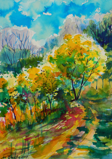 Peinture intitulée "A path on the hill" par Maja Grecic, Œuvre d'art originale, Aquarelle