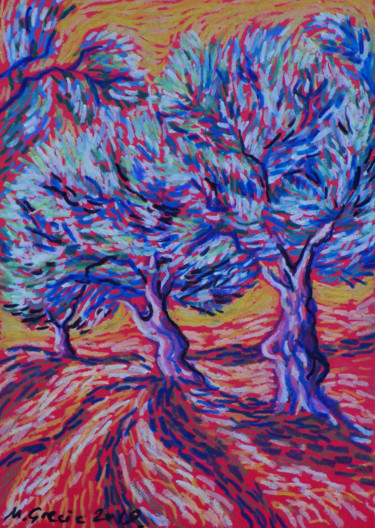 Disegno intitolato "Orchard in the wind" da Maja Grecic, Opera d'arte originale, Pastello